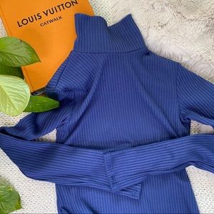 Blue Ribbed Turtleneck Bodycon Dress